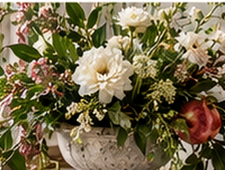 Seasonal botanical centerpiece in a sculptural stone vessel