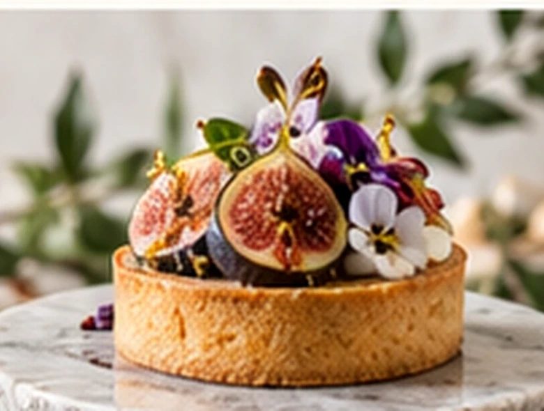 Fine fig tart with edible flowers on pale marble