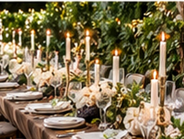 Elegant long-table dining under greenery and candlelight