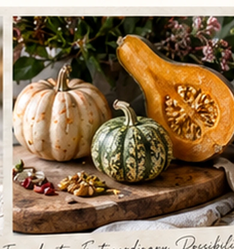 Sculptural composition of autumn squashes and pumpkins