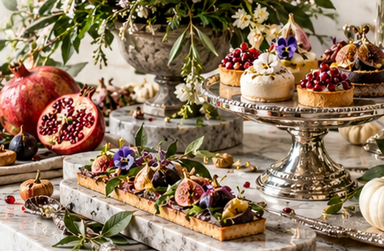 Botanical culinary still-life featuring pomegranates, fine pastries, silver platters and flowers