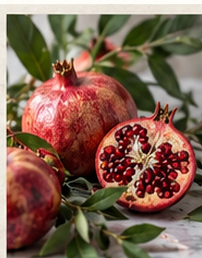 Fresh pomegranates with botanical leaves