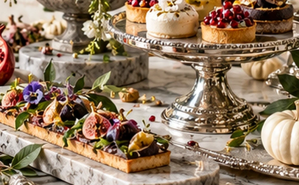 Stone platter with elaborate botanical pastries and seasonal fruit