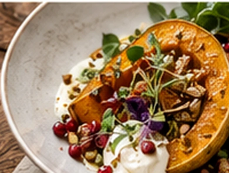 Roasted seasonal squash with herbs, pomegranate and cultured cream